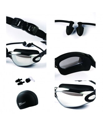 Swim Goggles With Cap Nose Clip Ear Plug Adult Anti-Fog HD Mirrored Swimming Set