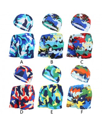 Children Swimming Trunks Caps Camo Swimsuit Printed Colorful Shorts Briefs Hat For Kids Swim Pool Beach Bathing Swimwear