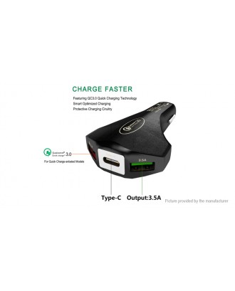 Car Cigarette Lighter Dual USB + USB-C Port QC3.0 Fast Charger