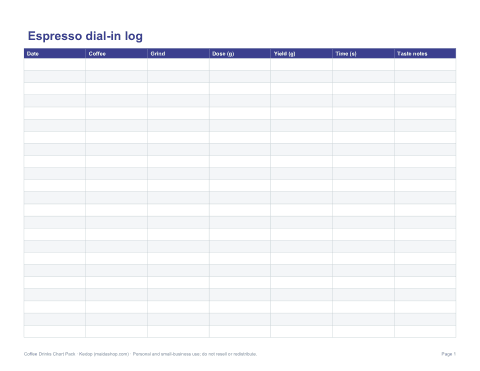 Preview of the first page of Dial-in log (XLSX)